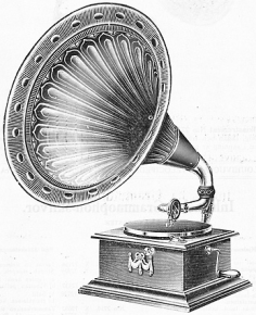 A gramophone. The binary text in the caption says "gramophone".