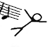 Stick figure flying through the air, notated music trailing behind