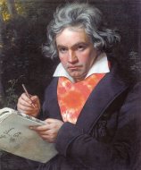 Portrait of Beethoven wearing tie-dye t-shirt, holding manuscript