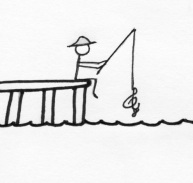 Stick figure fishing with treble clef as hook