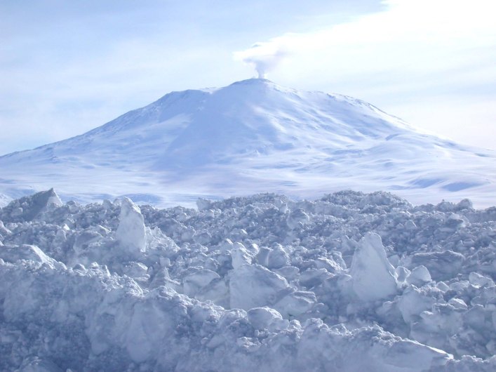 Steam rising from Mount Erebus, Earth's southernmost active volcano, Antarctica.