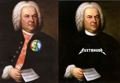 Bach wearing t-shirts in the style of popular modern bands
