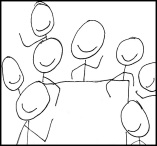 Selfie of smiling stick figures sitting at table