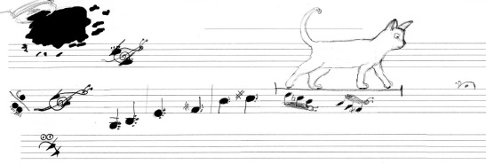 Drawing of cat walking on music manuscript