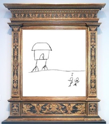 Drawing of hut on hen legs and confused stick figures in ornate frame