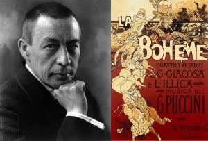 Photograph of composer Sergei Rachmaninoff and Poster for Puccini's La Boheme