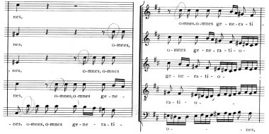 Score of Bach's Magnificat, Omnes generationes, example of stretto