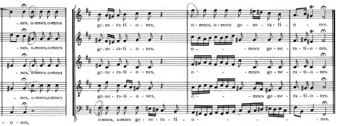 Excerpt of Bach's Magnificat, Omnes generationes, showing simultaneous statement of theme