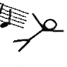 flying stick figure trailed by music staff