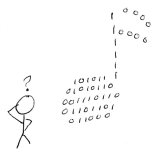 Stick figure confused by music note comprised of ones and zeroes