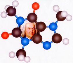 Portrait of Bach inside the ring of a caffeine molecule