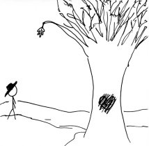 Stick figure looks at the last leaf on a tree in autumn