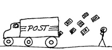 Mail truck driving off with papers flying out the back, stick figure aghast