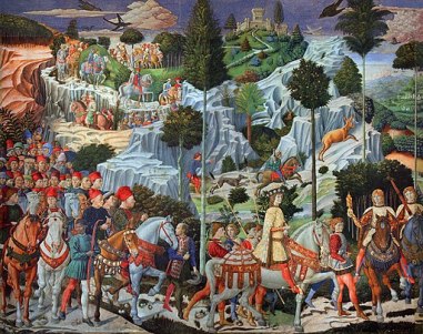 Renaissance painting of people in procession in an ornate twisting mountainous background. Journey of hte Magi by Benozzo Gozzoli.
