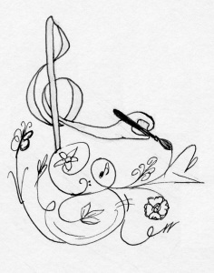 A treble clef that ends in a hand holding a paintbrush making swirls of lines, flowers, and music symbols. 